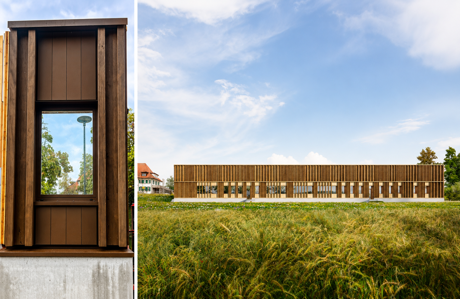 Architektur-Diptychon mit Holzfassade und Wiese